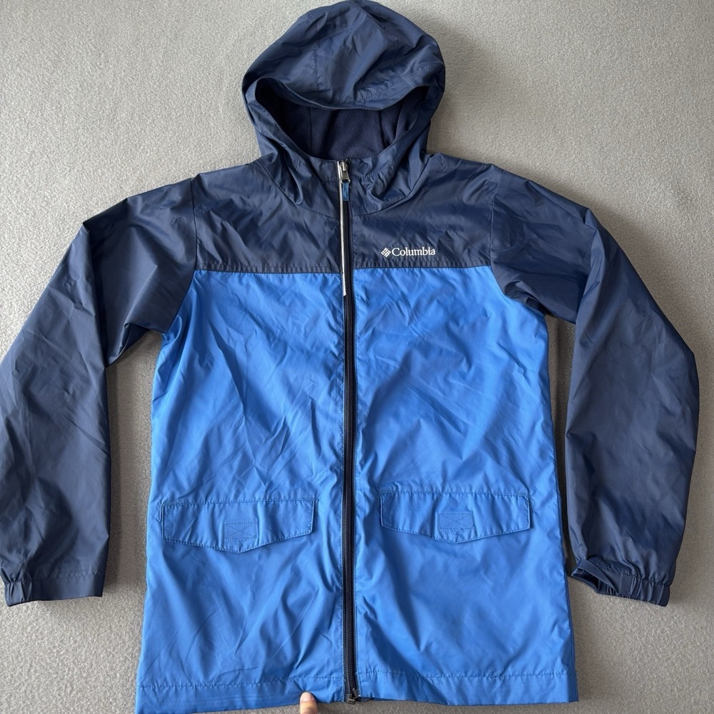Columbia Rain‑Zilla Jacket Boys M 10/12 Blue Waterproof Hooded Lightweight Rain